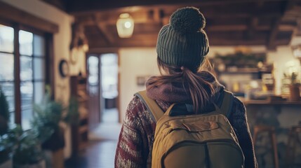 Fototapeta premium Young Woman in Green Beanie and Backpack Walking Through Cozy Cabin Interior Decor
