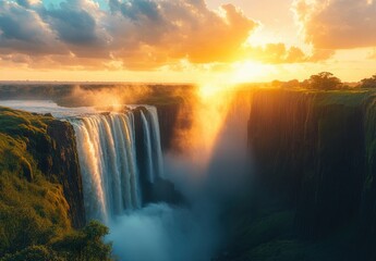 Fototapeta premium Breathtaking sunset view over majestic waterfalls surrounded by lush greenery and misty haze, capturing nature's beauty at its finest in golden hour light.