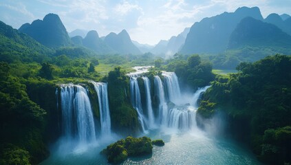 Fototapeta premium Breathtaking view of cascading waterfalls surrounded by lush green mountains and clear blue skies in a serene natural landscape scene