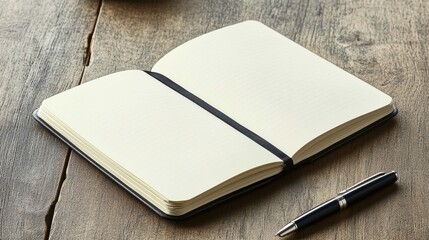 Open blank notebook placed on wooden table with pen beside it ready for notes and ideas
