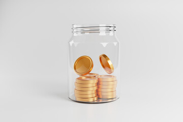 Pile of gold coins in glass bottle money saving concept, 3d rendering