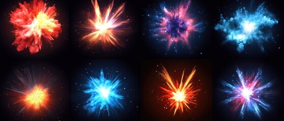 Naklejka premium Colorful explosions on a dark background showcase cosmic energy and vibrant particle bursts in a dynamic display of abstract art and digital rendering