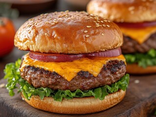 Delicious cheeseburger with onion and lettuce on a wooden board showcasing fresh ingredients and culinary artistry for a tempting food photography experience
