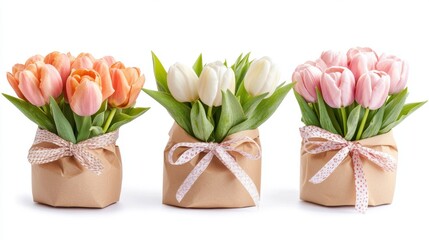 Fototapeta premium Three charming tulip bouquets in peach white and pink hues wrapped in craft paper and tied with delicate ribbons on a clean white background