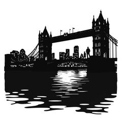 Fototapeta premium Silhouette of figures on bridge at night, urban tranquility