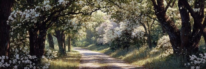 A picturesque road winding through a spring forest in full bloom. White blossoms cover the trees, creating a peaceful and romantic atmosphere. Sunlight filters through the branches. Generative AI.