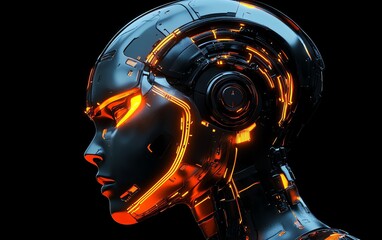 Futuristic robot head profile with glowing circuits, cybernetic intelligence, advanced tech design, abstract concept, digital art representing innovation and AI