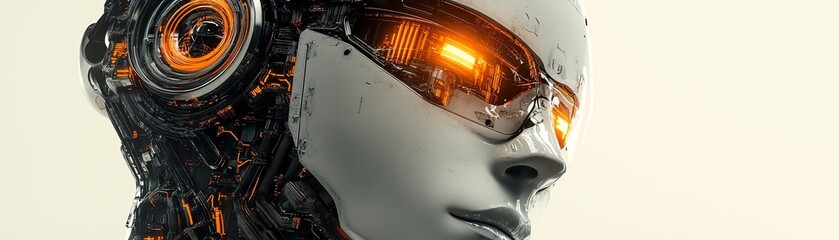 Futuristic robot head profile, glowing inner circuits, cybernetic intelligence, modern tech design, abstract digital art, innovative technology, advanced robot features