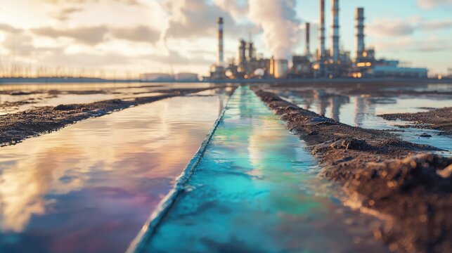 Environmental pollution, industrial oil spill polluting water surface - Powered by Adobe