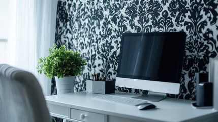 Fototapeta premium Home Office Workspace with Computer, Stylish Decor