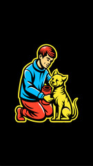 Hand drawn a person taking care of a pet. Vintage style. Vector illustration.