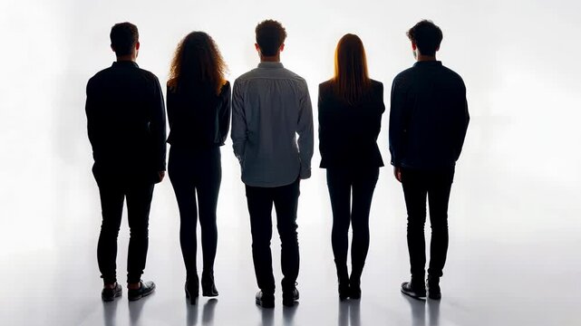 Silhouette of multiple people standing together against a white backdrop 4K