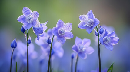 Close-up of delicate blue flowers in a soft-focus meadow