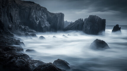 Obraz premium Stormy ocean waves crashing against jagged cliffs, monochromatic gray tones, long-exposure motion blur