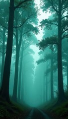 Towering dark green tree silhouettes against a foggy backdrop , environment, impressive, scenery