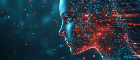 Robot head profile glowing with circuits, futuristic cybernetic intelligence, modern tech design, advanced robot features, digital art, abstract futuristic concept