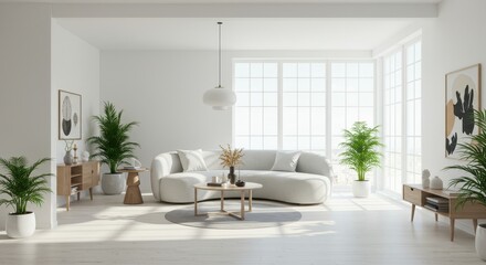 A bright and spacious modern living room with white walls and a mix of Scandinavian inspired furniture
