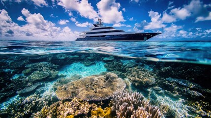 Fototapeta premium Luxury Yacht Anchored Above Vibrant Coral Reef Under Bright Sky