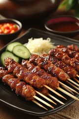 Delicious grilled chicken satay skewers with cucumber and rice noodles on a black plate culinary delight close up shot food photography