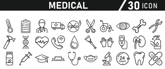 Healthcare vector icon set. Contains Healthcare And Medicine, Doctor, Telemedicine, Medical Exam, Electrocardiography, First Aid, Ambulance. Vector illustration