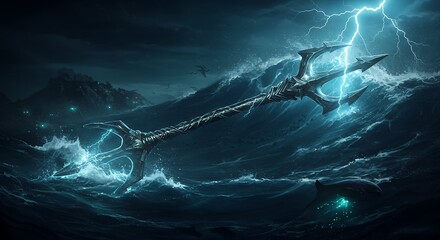 Fototapeta premium Trident Amidst Stormy Ocean Waters Under Lightning Streaked Sky