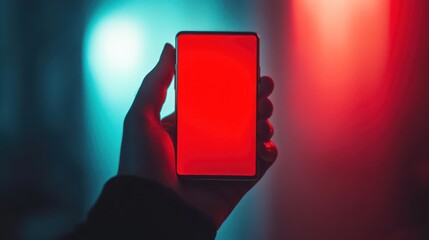 Hand holds red screen phone, neon backdrop