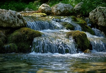 Fototapeta premium Clear Water Cascading Over Mossy Rocks in a Serene Forest Landscape with Sunlight Filtering Through the Trees