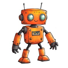 Fototapeta premium Friendly Robot Illustration: A charming illustration of an orange robot with big, friendly eyes and a cheerful expression, a whimsical character with a retro aesthetic, perfect for kids' stories.
