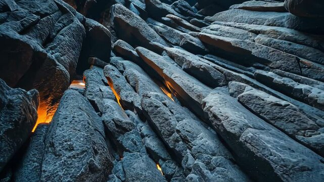 Molten orange lava flowing between dark basalt columns, exposing intense geological interaction with vibrant color contrast in volcanic terrain