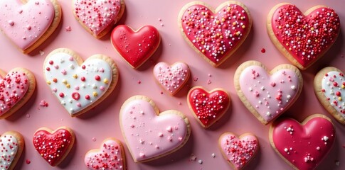 Fototapeta premium Assorted heart-shaped cookies with colorful icing, sprinkles, and patterns for Valentine's Day, Valentine's Day, heart-shaped