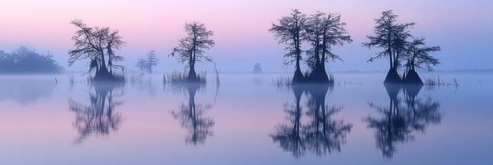 A flooded forest bathed in the golden glow of sunset. Tall trees rise from the water, their reflections creating a mirror-like effect in the calm swampy landscape. Generative AI.