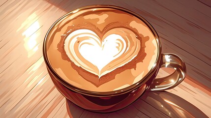 A beautifully crafted coffee with heart-shaped latte art in a cozy setting.