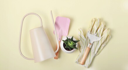 Gardening tools and supplies arranged on a light background for plant care and maintenance activities