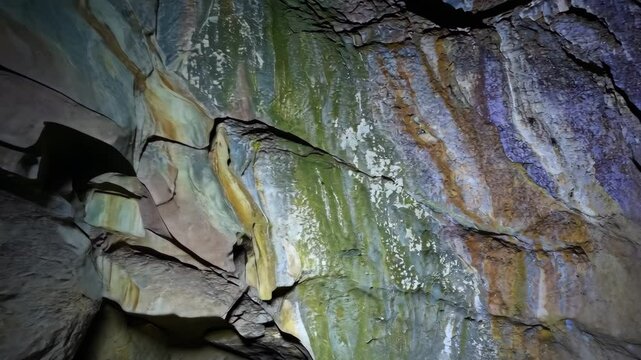 Geological strata illuminating dark cave interior, natural light exposing layered mineral textures within subterranean rocky landscape
