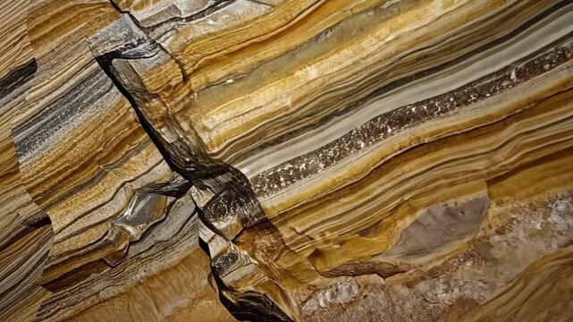 Layered onyx mineral displaying horizontal bands of brown, orange, white, featuring embedded microscopic crystal formations across intricate geological stratification