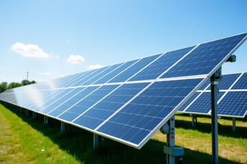 Large solar farm with reflective panels under bright sunlight, renewable energy concept  .