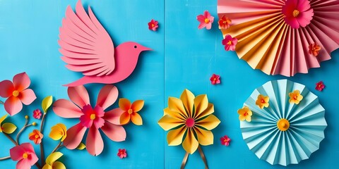 Fototapeta premium Vibrant paper fans shaped as birds and flowers against a textured blue background, backdrop, papel