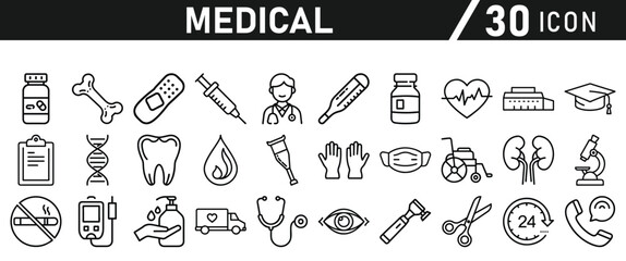 Healthcare vector icon set. Contains Healthcare And Medicine, Doctor, Telemedicine, Medical Exam, Electrocardiography, First Aid, Ambulance. Vector illustration