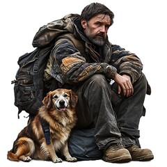 The Unwavering Bond: A weathered man, rugged and determined, finds solace and companionship in his loyal dog, a small, mixed-breed canine with expressive eyes.