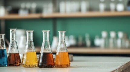 Colorful Laboratory Glassware Filled with Various Chemical Solutions on a Research Table in a Science Lab