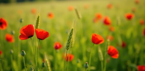 Red poppy flowers peeking through unopened rye stalks, plant, greenery, field