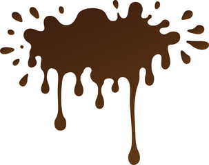 A graphic illustration of dark brown chocolate splashes and drips against a plain white background.