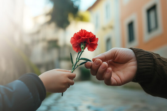 Father giving a red carnation flower to his son on Freedom day of Portugal. Remembering Carnation revolution of 25th of April of 1974. 