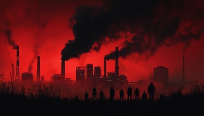 Factory silhouette releasing dark smoke