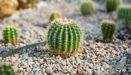Green cactus plant in rocky desert setting, beautifully contrasting against the gravel and stones.