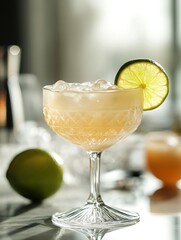 Refreshing cocktail in elegant glass with lime garnish on reflective surface creating a sophisticated atmosphere and inviting drink