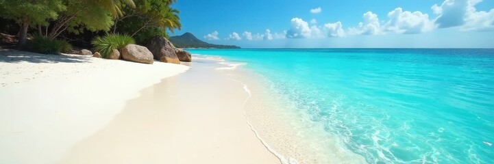 Obraz premium Azure water laps pristine white sand, sunlit turquoise depths , light, ocean