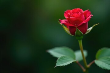 Fototapeta premium Red rose bud with tender green leaves and stem, red rose, plant, rose bud