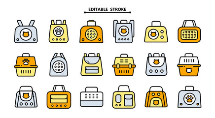 Pet Carrier Symbol Collection. Editable stroke. Pet Accessories Icon for Dogs and Cats. Simple Icons for Pet Shops, Veterinary Care, and Animal Hygiene. Vector Icons for Website Design, Mobile app, ui