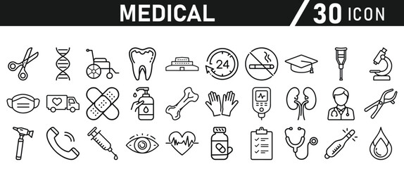 Healthcare vector icon set. Contains Healthcare And Medicine, Doctor, Telemedicine, Medical Exam, Electrocardiography, First Aid, Ambulance. Vector illustration